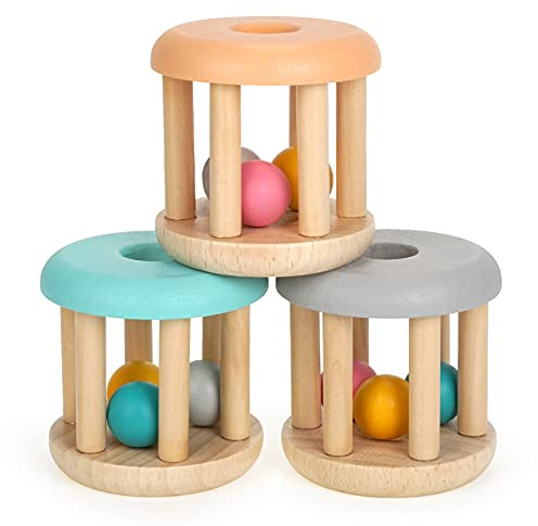 DUCKBOXX XX® Montessori Infant Educational Toys, Natural Wood Rolling Rattle Toy, Early Learning Toy for Developing Fine Motor Skills and Color Recognition, for Ages 0m–2yrs (Burlywood Base - 3pcs)