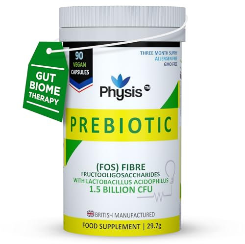 Physis Prebiotics with Probiotics | Gut Health & Digestion | Diarrhoea & Constipation Relief | 90 Vegan Capsules | 3 Month Supply | FOS Fibre Supplement | Lactobacillus Acidophilus