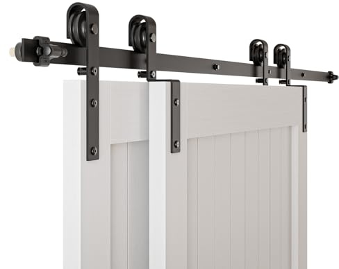 4-14FT Bypass Sliding Barn Door Hardware Kit Single Track System Carbon Steel Basic Roller Hanger Easy to Install Fit Double 48 Wide Doors Panels (8ft Single Track Bypass)