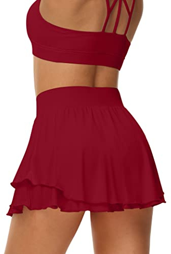 UrKeuf - Gonna da Tennis Atletica da Donna con Tasche, 33 cm, con Volant, Golf, Corsa, Allenamento, Seta ghiacciata, Gonna Confortevole con Pantaloncini Sportivi, Rosso, S