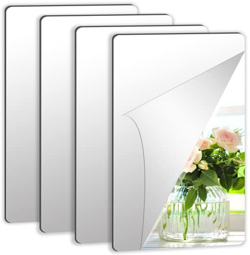 Augshy 4 Pack Self Adhesive Mirror 15x23cm Adhesive Mirror Tiles 2MM Thick Acrylic Stick On Wall Mirrors Sheets Removable Mirror Stickers for Home Decoration