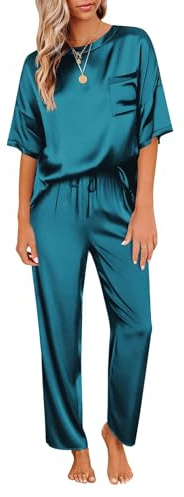 Ekouaer Womens Silk Satin Pajamas Set Two Piece Pj Sets Sleepwear Loungewear Short Sleeve Pj Sets Green