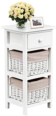 GIANTEX Table de Chevet avec Panier d'Osier Amovible & 1 Tiroir, Table de Nuit Style Antique, Table d'Appoint Étagère en Bois Massif, Commode pour Chambre à Coucher, Blanc