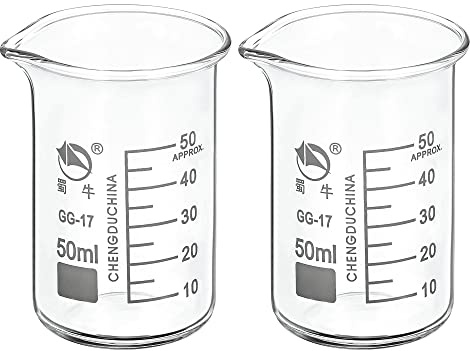 PATIKIL 50 ml glasbägare, 2-pack 3,3 borosilikatglas graderad tryckt skala mätkoppar med pip för kökslabb vätskor transitkokning