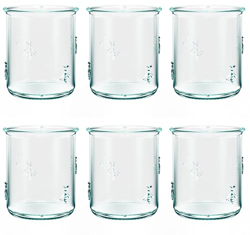 Amici Home Regina DOF Glass | 12 Oz | Italian Made, Recycled Green Glass | Drinking Glass with Embossed Bee Design for Water, Juice, Iced Tea, Cocktails (Set of 6)