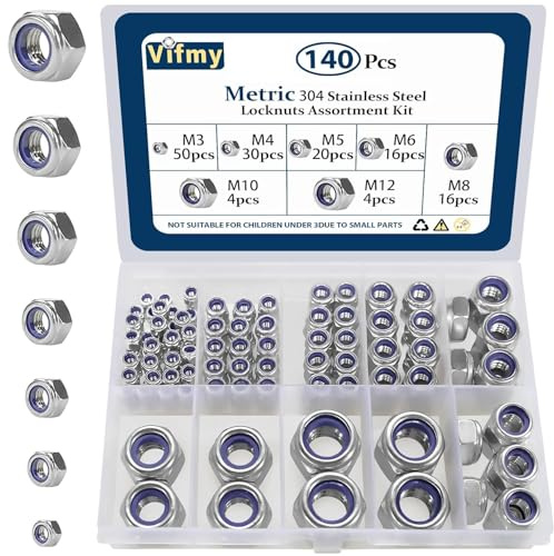 Vifmy Locknuts Assortment Kit,M3 M4 M5 M6 M8 M10 M12 140PCS Metric Nylon Insert Lock Nuts Set,304 Stainless Steel Lock Nuts for Bolt