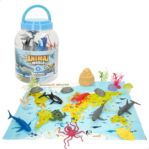 ColorBaby Animal World - Cubo Animales Marinos, 19 Piezas, Incluye Mapa del Mundo en inglés, Animalitos Juguete, Figura Animal Miniatura, Diversión y Aprendizaje (47189)