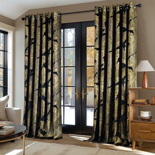 MIULEE Velvet Curtains with Gold Foil Leaves Pattern, 2 Black Velvet Curtains with Eyelets, Each 90 x 90 Inch, Room Darkening Drapes for Classical Living Room Bedroom