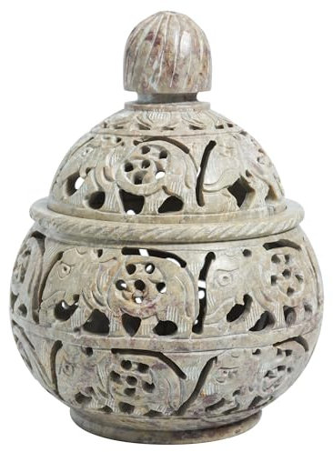 Handmade Natural Soapstone Tea Light Candle Holder for Home Living Room Office Decorative Lantern Tealight Candle Holder with Lid Hand Craft Engraved Elephant Home Decor Gift Size 4x4 Inch