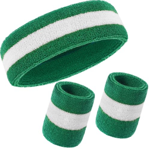 WILLBOND 3 Pcs Sweatband Headband Wristbands for Men Women, White and Green