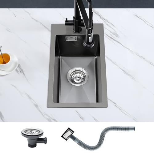 KEOKBON Fregadero de cocina pequeño de 28 x 50 cm, color negro antracita, con desagüe, fregadero de cocina con orificio para grifo, acero inoxidable, rectangular, 1 lavabo, incluye válvula de cesta y