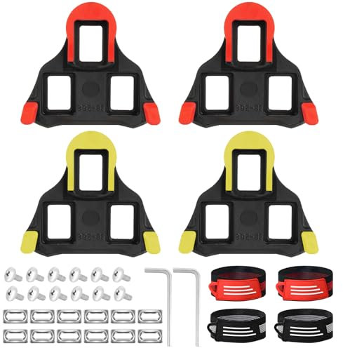 KATIMI 4 Stück Fahrradschuhe Cleats mit Beingurten, Rennrad Pedalplatten Kompatibel mit SPD Cleats Shimano, Fahrradpedal Cleats für Shimano Cleats und Indoor Outdoor Radsport Rot Gelb