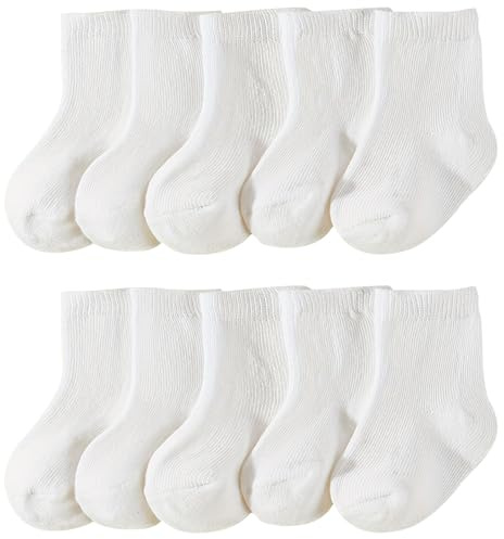 QIYIENDIAN 10 par Baby Crew strumpor, mjuka bomullselastiska strumpor med fasta färger för unisex småbarn, pojkar och flickor, Vit, 0-6 månader