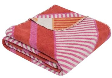 Ibena Decke 150x200 cm - Baumwollmix, Made in Germany, warm & waschbar, Kuscheldecke pink orange mit Muster