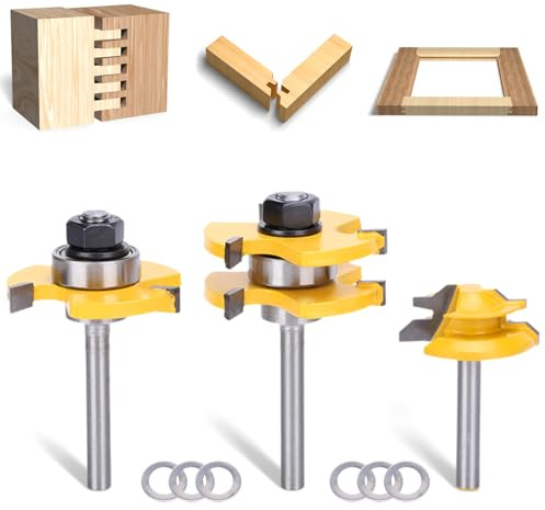 Set di 3 punte per fresa a linguetta e scanalatura, 3 denti, a forma di T, gambo da 1/4, regolabile, a forma di T, per armadi, pavimenti e lavorazione del legno