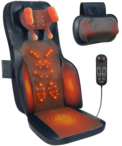 Makerzone Shiatsu Neck Back Massage Cushion with Heat - 4D Kneading Massager w/Vibration, Dual-Neck Design, Adjustable Intensity/Height, Ease Muscle Tightness from Long Sitting, for Office, Home, Blue