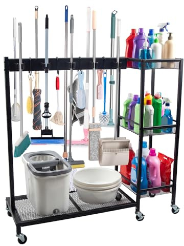 Support de balai avec organisateur de fournitures de nettoyage, support de balai et de serpillère, chariot de nettoyage mobile 2 en 1 avec rangement pour serpillère avec 3 étagères, chariot de