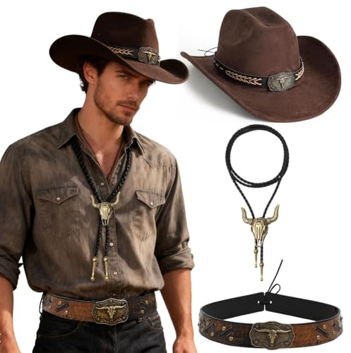 Sombrero Cowboy Estilo Vaquero Leather Tie Necktie Cow Skull,Bandas de Sombrero de Vaquero,Ideal para Rodeo y Eventos Temáticos del Oeste, Fiestas, Halloween, Fotos y Festivales tematicos (Braun)