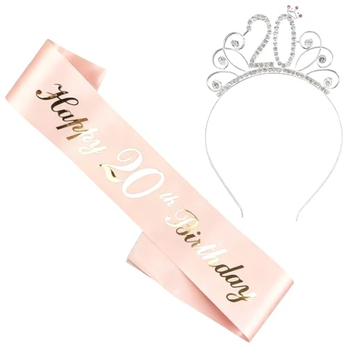 DOKRIN Diadèmes pour femme Couronne et ruban pour 20e anniversaire, diadème et ruban à strass pour femme, idéal pour décorer une fête entre filles.