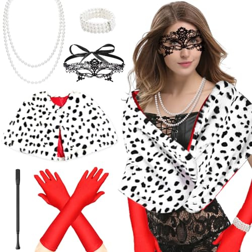Costume Cruella 6 pièces pour femme comprenant une écharpe à pois, des gants, un masque, un collier et un bracelet pour les yeux, idéal pour Halloween, carnaval, fêtes costumées, journée mondiale du