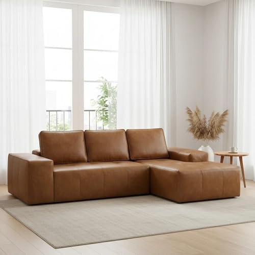 114 Inch Boneless Sectional Couches for Living Room, Brown Cloud Faux Leather Couch in a Box, Modular Sectional Sofas for Living Room, L Shaped Couch with Chaise, Memory Foam Deep Seat,Right Chaise
