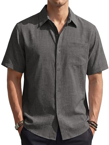 EKLENTSON Men's Linen Shirt Summer Button Down Shirt | Lightweight Hawaiian Textured Shirt,Casual Regular Fit Short Sleeve Shirts,Beach Holiday Polyester Work Top with Pocket