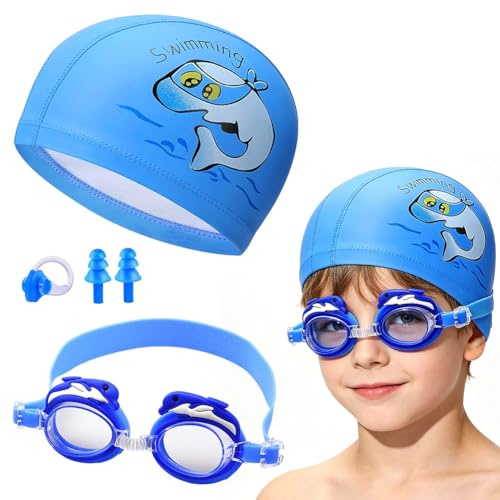 Kids Swimming Cap, 5 Pcs Waterproof Swim Cap Set Silicone Swim Hat with Swimming Goggles Nose Clip and Ear Plug for Long or Short Hair Comfortable Fit for Boys and Girls