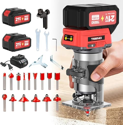 Fresadora De Madera Rebajadora Eléctrica 20 V, mini trituradora portátil con 2 baterías de 4,0 Ah y motor sin escobillas, 6 velocidades variables hasta 35,000 RPM, viene con guía de borde, guía de