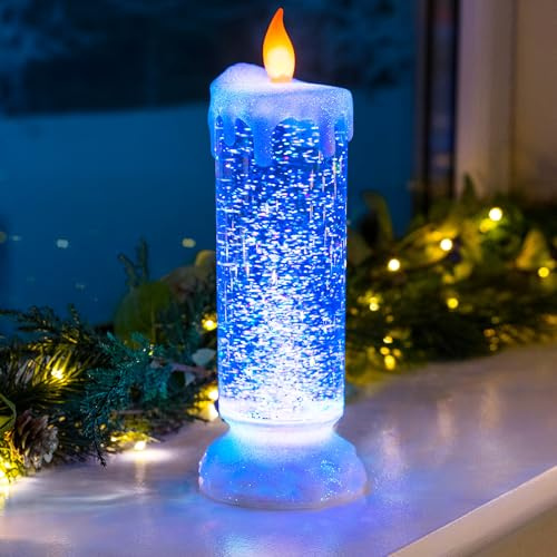 CHRISTOW Swirling Glitter Christmas Candle, Colour Changing LED, 24cm | Glitter Water Effect, Flickering Amber LED Flame, Clear Acrylic, 3 x AAA Batteries (Not Included), Indoor Use