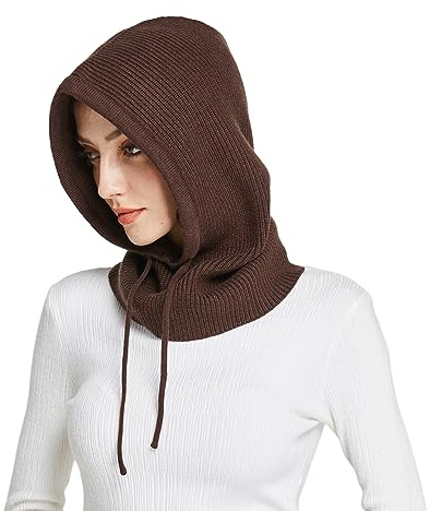 Facecozy Winter Hats for Women, Wool Blend Hooded Scarf Hat for Women Balaclava Knit Skull Cap Beanie Hat Men Neck Gaiters Coffee