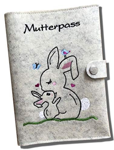 Goldi-Design mutterpass schutzhülle mutterkindpasshülle österreich Hasenliebe mit extra Fächern und Lasche mit Druckknopf aus 100% Wollfilz - weiß meliert (Weiß meliert, Mutterpasshülle Deutschland)
