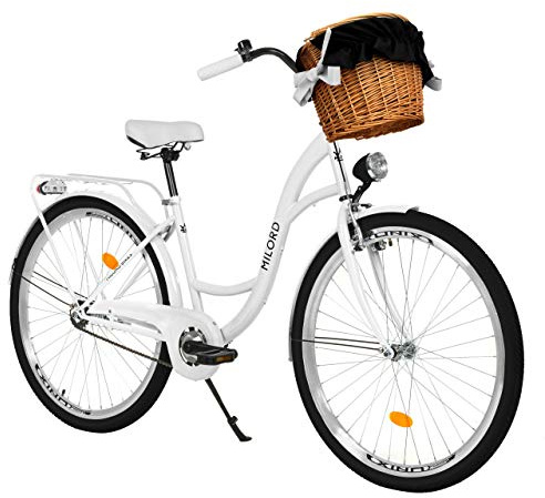 MILORD Bicicleta de Confort Blanco de 1 Velocidad y 28 Pulgadas con Cesta y Soporte Trasero, Bicicleta Holandesa, Bicicleta para Mujer, Bicicleta Urbana, Retro, Vintage
