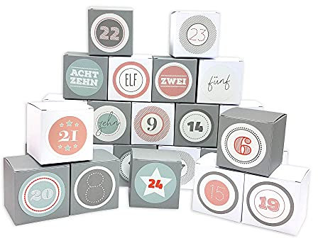 Frau WUNDERVoll® DIY Adventskalender Vorfreude zum Befüllen, Faltschachteln 12x grau 12x weiß 7x7x7cm (gefaltet), XL Ziffern pastell/Weihnachten, Aufkleber, Würfelbox, Faltverpackung, Schachteln