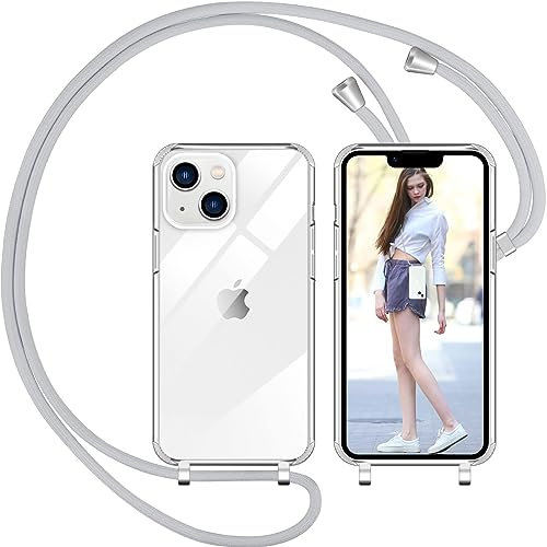 Nupcknn Handykette für iPhone 13 Hülle mit Band,Ultra Dünn Transparent Handyhülle (Abnehmbar) Necklace mit Kordel zum Umhängen Kameraschutz Handy Kette Stossfest Schutzhülle (Hellgrau, 6.1)