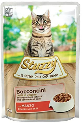 Stuzzy, Cibo Umido per Gatti Adulti, Bocconcini con Manzo, in Busta, Alto Contenuto di Carne, Ingredienti Naturali, Cottura al Vapore, 24 x 85 Gr