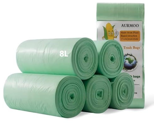 AURMOO 200 Biologisch Müllbeutel, 8L Biologisch Abfallbeutel, Küchen Lebensmittel Abfallbeutel, Recycelt Müllbeutel für Küchen Badezimmer, Wohnzimmer(40X43cm,Grün)
