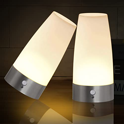 WARMTUYO Lot de 2 veilleuses avec détecteur de mouvement - Pour enfants - Fonctionne avec piles - Lampe de table sans fil PIR - Détecteur de mouvement - Batterie intérieure - 3 modes - Capteur de