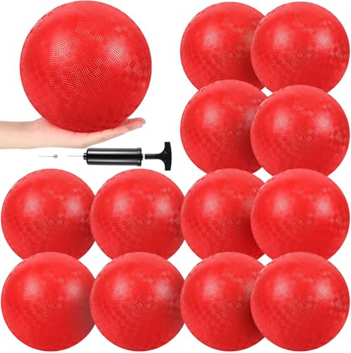 Hiboom 12 Pack 5 Inch Playground Balls Outdoor Inflatable Balls with 1 Hand Pump for Kids and Adults for Yoga, Gym, Schoolyard (Red)