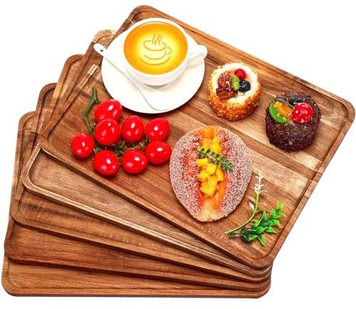 Roowest 5 Pack Solid Acacia Wood Serving Trays for Laser Engraving Rectangular Wooden Board for Food Appetizer Serving Tray Plates for Vegetables Fruit Cheese Housewarming Gifts(14 x 10 Inch)