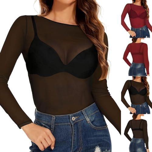 pvucpot Hauts Transparents Femme T-Shirt à Manches Longues Top en Maille Sexy Blouse Sheer Mesh Elastique Chemise Noir Tulle Tenue de Moulante pour Soirée Club
