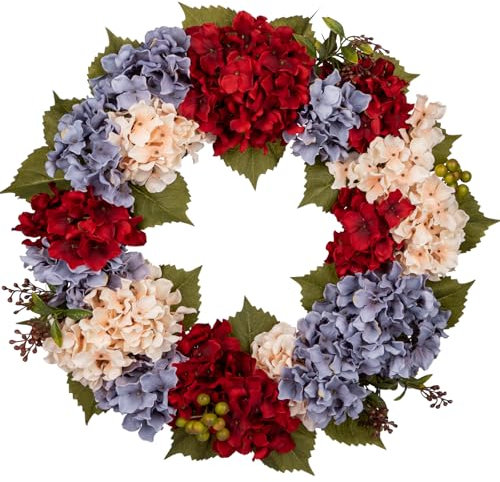 Hollyone 61 cm Künstliche Hortensienkranz für Haustür, Falsche Blumen Türkranz, Faux Beige Rot Blau Hortensien Kranz Deko für Haustür, Mantel, Wand, Bauernhof Deko