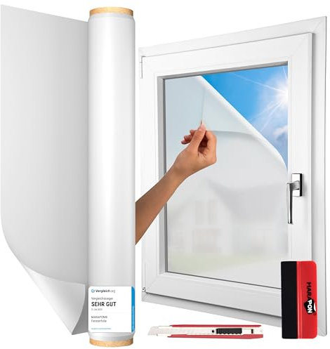 MARAPON® Fensterfolie Blickdicht selbsthaftend [30x400 cm] - inkl. Rakel und Cuttermesser - Sichtschutzfolie für Fenster - Milchglasfolie All-in-One Lösung | statisch