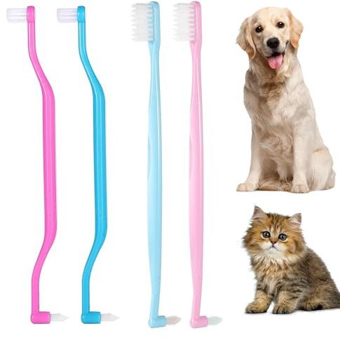4 Stück Doppelseitig Katzenzahnbürsten, 2 Ausführungen Katzen- Hunde-Zahnreinigungsbürste mit Mikrobürstenkopf und gebogenem Griff zur Reduzierung von Plaque Zahnsteinbildung und Mundgeruch