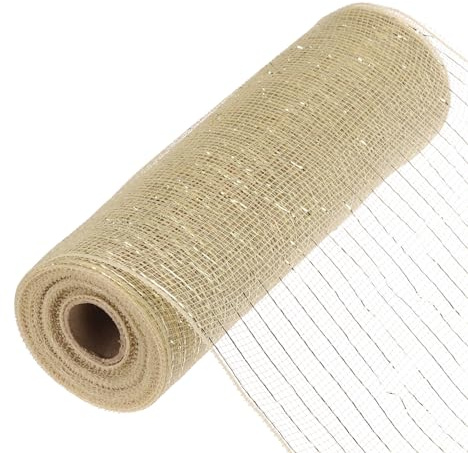 sourcing map 10 Inch Glitter Poly Burlap Mesh for Wreath, Decorative Mesh Fabric Ribbon 10 Yard for Fall Easter Christmas Flower Bow, Champagne & Gold