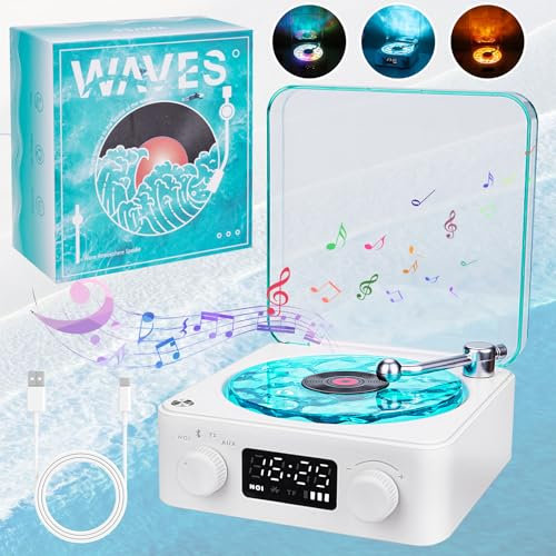The Waves Vinyl Record Player with RGB Light, Bluetooth Speaker, 3 Mode Stereo Sound Sleep Aid with 4 Sounds of Nature, Portable
