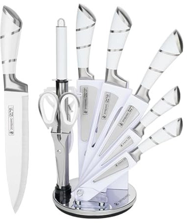 Justup Set di coltelli da cucina, 9 pezzi Bianco Sharp antiaderente rivestito coltelli da cucina Block Set, set di coltelli in acciaio inossidabile per cucina con affilatore e blocco (Bianco)