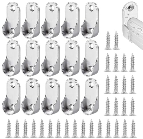 Barra Armario, 15 Pzs Barra para Colgar Ropa con 30 Pzs tornillo (4 × 16 mm), Soporte Lateral para Barra de Armario Oval, Soportes de Riel de Brida Armario, armario ovalado de aleación de zinc