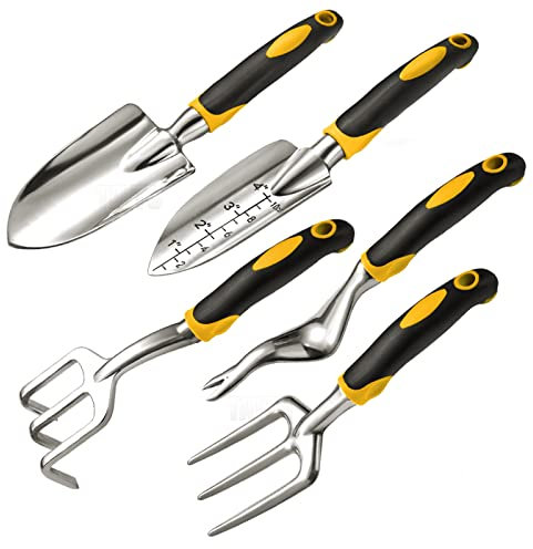 Lot de 5 outils de jardinage en aluminium robuste, petite truelle, râteau, désherbeur, bêche, cultivateur, plantation, désherbage, agriculture, semis, jardin pour femmes, famille, jardiniers