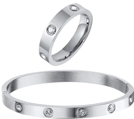 RIXERKOC Parure Gioielli Donna Anello Oro e Bracciali Donna Bracciale Rigido Donna, Bracciale in acciaio inox con zirconi Anello per le Nocche regalo di compleanno, matrimonio, San Valentino