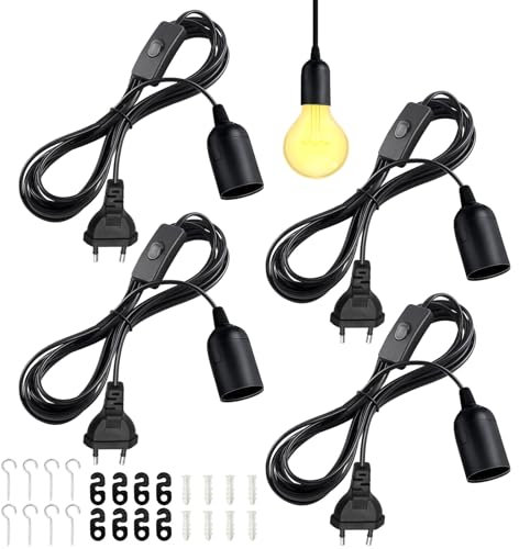 4er Pack E27 Lampenfassung mit Kabel, Schalter und Stecker - 2m Netzkabel mit EU Stecker - E27 Steckdosenadapter für Lampenaufhängung, Pendelleuchten, DIY Lampen, Küche, Wohnzimmer (Schwarz)